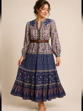 Vintage 70's KAISER Pakistani  semi sheer floral midi dress sz M